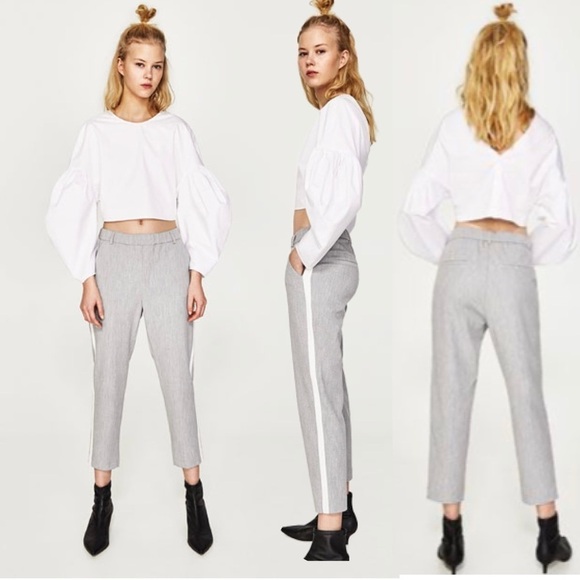 ZARA light gray Chino Trousers With white Side Stripe tuxedo dress pants Sz S - Picture 11 of 11